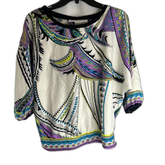 New York & Company Retro Abstract 1/2 Sleeve Satiny Boho Blouse Size XS - Picture 9 of 9